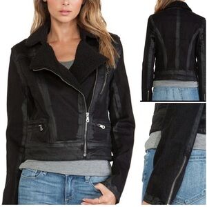 PAIGE Sydney Moto Jacket Night Flight Sherpa Coated Black Stretch Denim Large